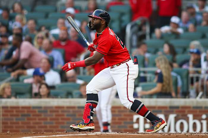 Aug 18, 2023; Atlanta, Georgia, USA; Atlanta Braves center fielder Michael Harris II (23) hits a triple against the San Francisco Giants in the second inning at Truist Park.